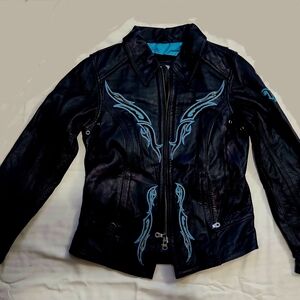 Women's Harley- Davidson Black Leather Jacket with Blue Embroidery